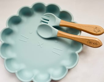 Set repas assiette ventouse + couverts pour enfant bébé personnalisé | Cadeau de naissance Alimentation | Cadeau Kit repas Forme de Lion