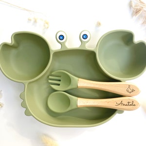 Meal set suction cup plate cutlery for personalized child Baptism birth birthday gift Baby gift Children's dinner kit Kaki