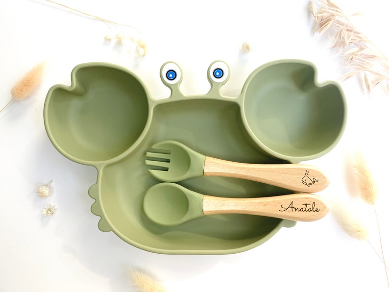 Meal set suction cup plate cutlery for personalized child Baptism birth birthday gift Baby child gift Dinner box Kaki