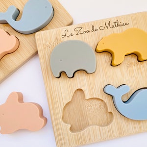 Personalized Montessori toy silicone and wood puzzle I Animal puzzle for child baby I Educational and awakening game I Boy girl gift idea