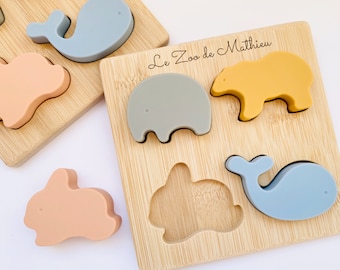 Personalized Montessori silicone and wood puzzle toy | Animal puzzle for children and babies | Educational and developmental game | Gift idea for boys and girls