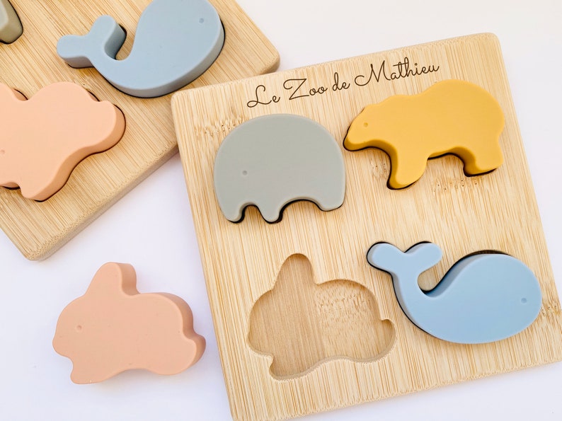 Personalized Montessori toy silicone and wood puzzle I Animal puzzle for child baby I Educational and awakening game I Boy girl gift idea image 1