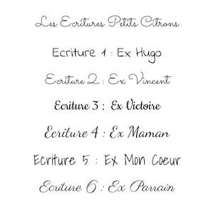 May include: A list of six different handwriting styles, each labeled with a number and a name. The names are "Ex Hugo", "Ex Vincent", "Ex Victoire", "Ex Maman", "Ex Mon Coeur", and "Ex Parrain".
