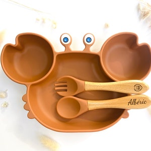 Meal set suction cup plate cutlery for personalized child Baptism birth birthday gift Baby child gift Dinner box Ocre
