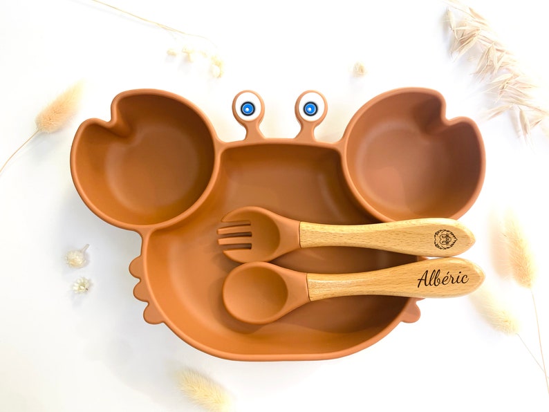 Meal set suction cup plate cutlery for personalized child Baptism birth birthday gift Baby gift Children's dinner kit Ocre