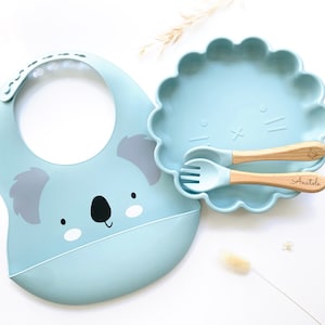 Lion meal set + personalized children's cutlery + animal bib | Birth or birthday gift | Child and baby gift