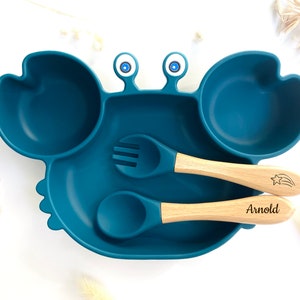 Set repas assiette ventouse couverts pour enfant personnalisé Cadeau de Bapteme naissance anniversaire Cadeau bébé Kit Diner enfant Bleu marine