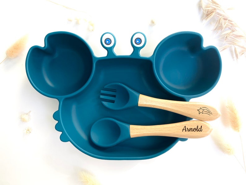 Meal set suction cup plate cutlery for personalized child Baptism birth birthday gift Baby gift Children's dinner kit Bleu marine