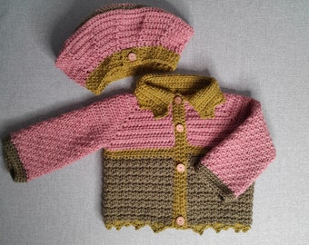 Ensemble cardigan et béret en laine fille 2-3 ans automne-hiver vintage cardigan chaud en laine fait main tricot main naturel