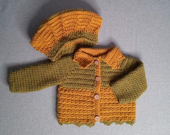 9-12 Months Wool Cardigan and Beret set Autumn Winter Vintage Handmade Warm Wool Jumper Hand Knit Natural