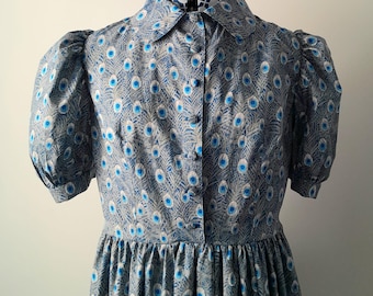NIEBIESKA SUKIENKA W PAWIE | Letnia sukienka damska w stylu vintage | Elegancka francuska sukienka do herbaty | Sukienka vintage w stylu lat 40., rozmiar 16 | Bawełniana sukienka w stylu retro