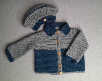 Boys Age 3-4 Wool Cardigan and Beret set Autumn Winter Vintage Handmade Warm Wool Jumper Hand Knit Natural