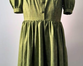 SUKIENKA W STYLU VINTAGE OLIVE | Sukienka retro dla kobiet | Rozmiar 16, styl vintage z lat 1940 | Francuska sukienka herbaciana | Sukienka bawełniana w stylu vintage