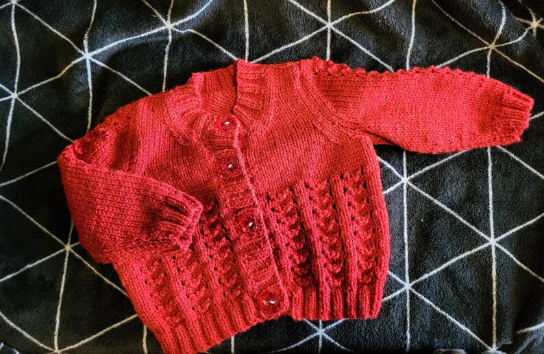 Hand knitted baby cardigan in soft dark cherry red wool in a cute pattern with matching buttons perfect for Christmas outfit image 1