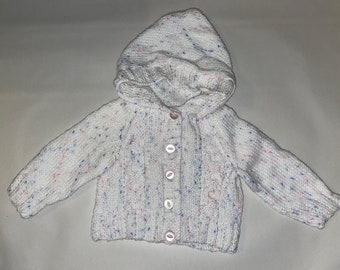 White (with pink and blue flecks) hand knitted hooded cardigan