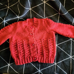 Hand knitted baby cardigan in soft dark cherry red wool in a cute pattern with matching buttons perfect for Christmas outfit image 2