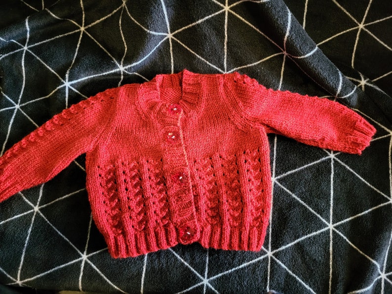 Hand knitted baby cardigan in soft dark cherry red wool in a cute pattern with matching buttons perfect for Christmas outfit image 2