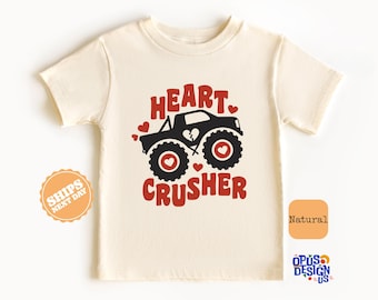 Heart Crusher Truck Valentines Toddler Shirt, Monster Truck Valentines Kids Shirt, Heart Crusher Kids Natural Tee