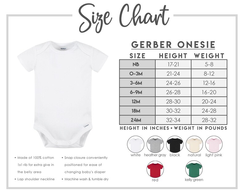 May include: A size chart for Gerber onesies, showing the size, height in inches, and weight in pounds for each size. The chart includes sizes from newborn to 24 months. The chart also includes a color chart showing the different colors available for the onesies.