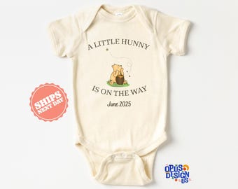 Pooh Custom Baby Onesie®, A little Hunny Is On The Way Custom Announcement Baby Bodysuit, Cute Pooh Bear Natural Baby Onesie