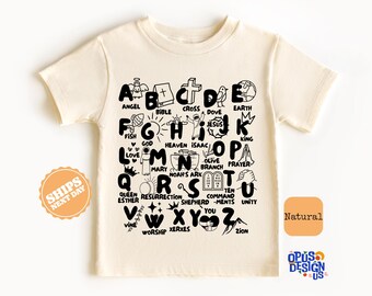 Christian Toddler Shirt, Bible Alphabet Christian Kids Shirt, Christian Retro Natural Kids Tee