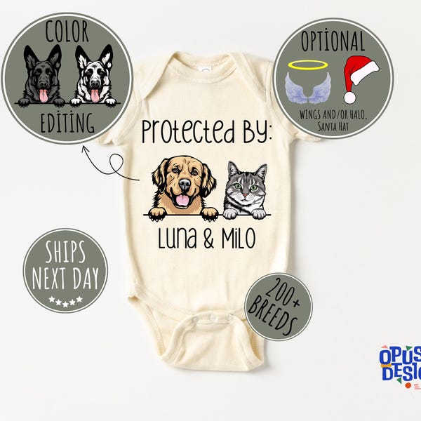 Protected by Pets Onesie®, Custom Dogs and Cats Onesie®, Personalized Baby Gift, Custom Dog and Cat Breeds, Baby Shower Gift, Baby Gift 02