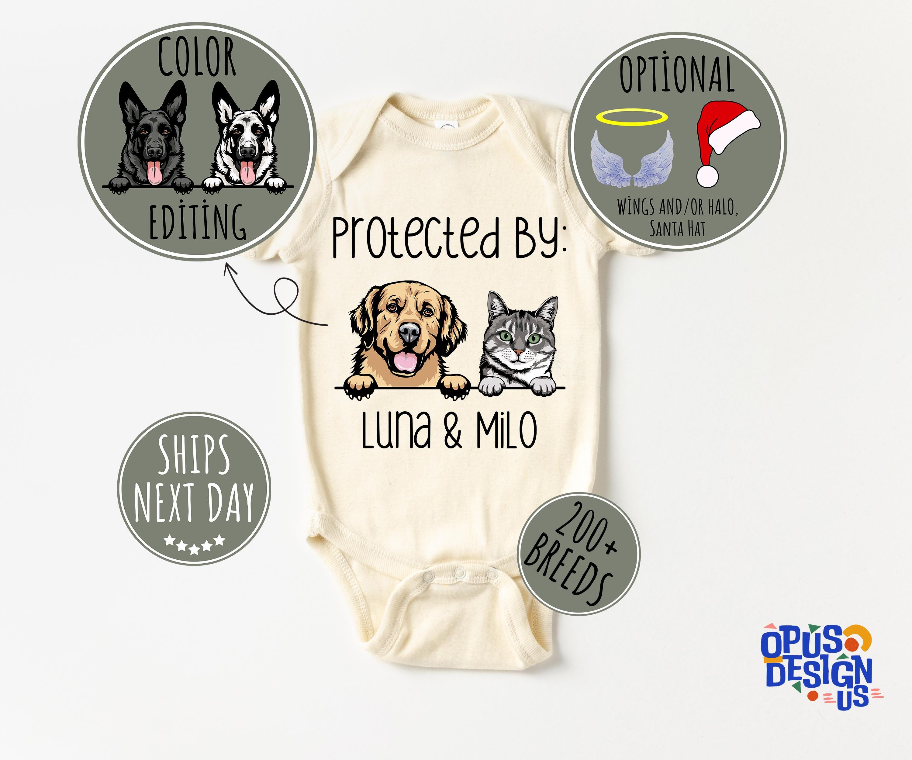 Protected by Pets Onesie®, Custom Dogs and Cats Onesie®, Personalized Baby Gift, Custom Dog and Cat Breeds, Baby Shower Gift, Baby Gift 02