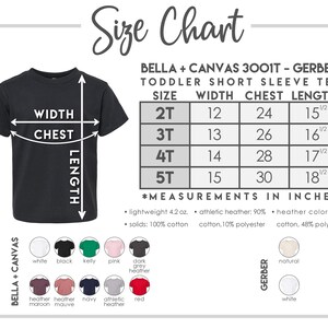 May include: Size chart for toddler short sleeve t-shirts in sizes 2T, 3T, 4T, and 5T. Measurements are in inches for width, chest, and length. The chart includes information about the fabric composition for different colors.