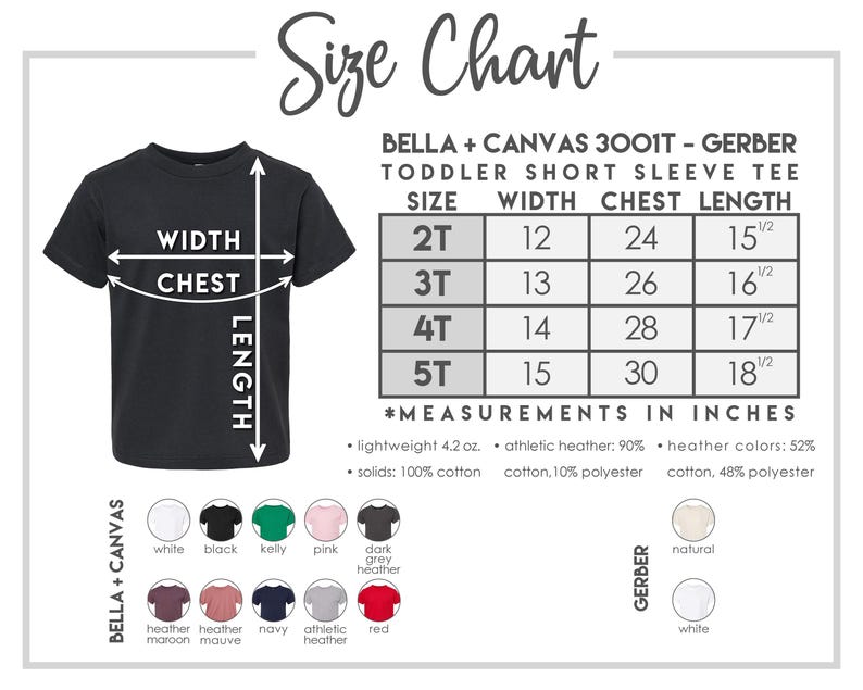 May include: Size chart for toddler short sleeve t-shirts in sizes 2T, 3T, 4T, and 5T. Measurements are in inches for width, chest, and length. The chart includes information about the fabric composition for different colors.