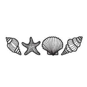 Puede incluir: Una ilustración en blanco y negro de cuatro conchas y una estrella de mar. Las conchas están en fila, con la estrella de mar en el medio.