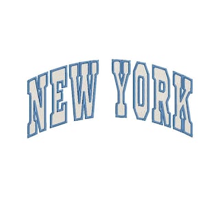 May include: A white "NEW YORK" text graphic with a blue outline. The text is in a bold, blocky font and is arched.