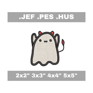 May include: Embroidered design of a cute ghost with devil horns and a tail. The design is available in 2x2", 3x3", 4x4", and 5x5" sizes. .JEF .PES .HUS