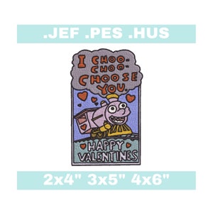 May include: A pink and yellow cartoon train with a smiling face and the text "I choo-choo choose you."  The train is on a blue background with red hearts and the text "Happy Valentines".