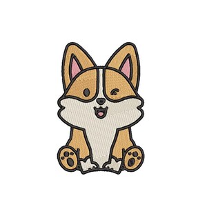 Może przedstawiać: Kreskówkowa ilustracja brązowego i białego psa rasy corgi z czarnymi oczami i różowym nosem. Corgi siedzi ze skrzyżowanymi łapami i ma szczęśliwy wyraz twarzy.