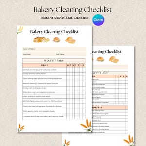 May include: A printable bakery cleaning checklist with a beige background. The checklist includes daily and monthly tasks, with sections for the bakery name, start date, and staff name. The Canva logo is visible.