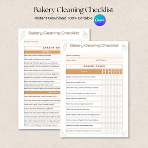 May include: A digital bakery cleaning checklist template featuring two pages with brown headers and text. The document includes sections for daily, weekly, and monthly tasks, with columns for staff names, dates, and checkboxes for tracking completion.