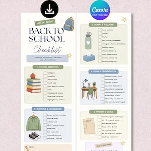 Schulstart-Checkliste, anpassbarer Schulmaterialplaner für vielbeschäftigte Eltern, druckbare Schulplaner-Vorlage (Canva) – digitaler Download