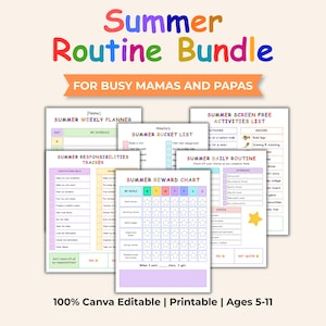 May include: A Summer Routine Bundle printable set featuring a Summer Weekly Planner, Summer Bucket List, Summer Responsibilities Tracker, Summer Reward Chart, Summer Daily Routine, and Summer Screen Free Activities List with colorful text and star icons.