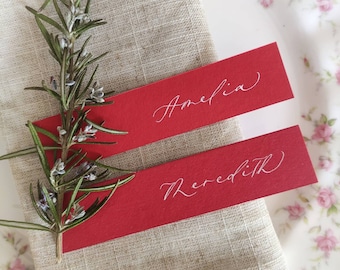Personalised Name Place Cards/Tags |  Handwritten Calligraphy in White Ink • Red Colours | Wedding and Special Events | | SLIM FLAT