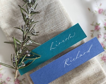 Personalised Name Place Cards/Tags |  Handwritten Calligraphy in White Ink • Blue Shades | Wedding and Special Events | | SLIM FLAT