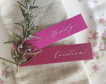 Personalised Name Place Cards/Tags |  Handwritten Calligraphy in White Ink • Pink & Wine Red | Wedding and Special Events | | SLIM FLAT