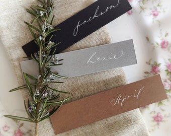 Personalised Name Place Cards/Tags |  Handwritten Calligraphy in White Ink • Monochrome | Wedding and Special Events | | SLIM FLAT