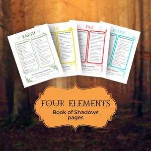 Four Elements Printable Grimoire Pages, Book of Shadows Starter Kit, Witchy BOS Basic Spells, Earth Air Fire Water Magic Witchcraft PDF Gift