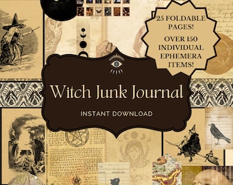 May include: A digital download of a witch-themed junk journal with 25 foldable pages and over 150 individual ephemera items. The image shows a variety of witchy images, including a black cat, a witch on a broomstick, and a skull.