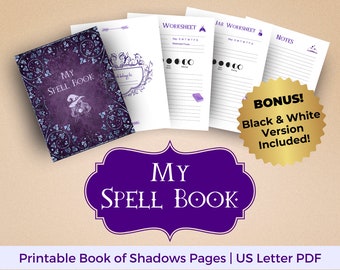 Páginas de grimorio, Libro de hechizos imprimible, Libro de las sombras, Hoja de trabajo mágica, Regalo Witchcore para ella, Diario BOS, Páginas de recetas de libros de hechizos en blanco