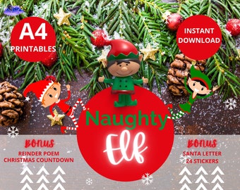 May include: A red and green printable pack for a naughty elf Christmas countdown. The pack includes a welcome note, goodbye note, naughty list, nice list, elf antics list, antics schedule, elf birth certificate, treat from Santa, activity note, and 5 colouring sheets. Bonus items include a reindeer poem and a Santa letter with 24 stickers.