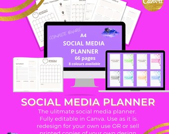 Op de afbeelding: Een digitale planner voor sociale media, weergegeven op een computerscherm. De planner is volledig bewerkbaar in Canva en bevat 66 pagina's. De tekst op het scherm luidt "Social Media Planner, 66 pagina's, 8 kleuren beschikbaar".