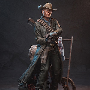 Puede incluir: Figura detallada de un vaquero esquelético con abrigo largo y sombrero, sosteniendo una pistola. La figura está sobre una base de madera con un barril de objetos rojos y un carro de metal. Creación de Patreon Hell Creator.