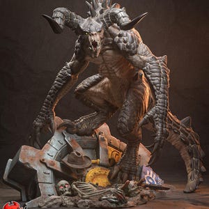 May include: A detailed sculpture of a monstrous demon with horns, spikes, and reptilian features. The creature is posed menacingly atop a pile of metal and bones. The sculpture is in shades of grey and brown, with the text "PATREON H3LL CREATOR" at the bottom.