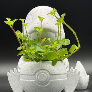 May include: A white ceramic planter shaped like a Pokemon character, with a small green plant growing inside. The planter has a textured surface and a Pokeball design on the front.